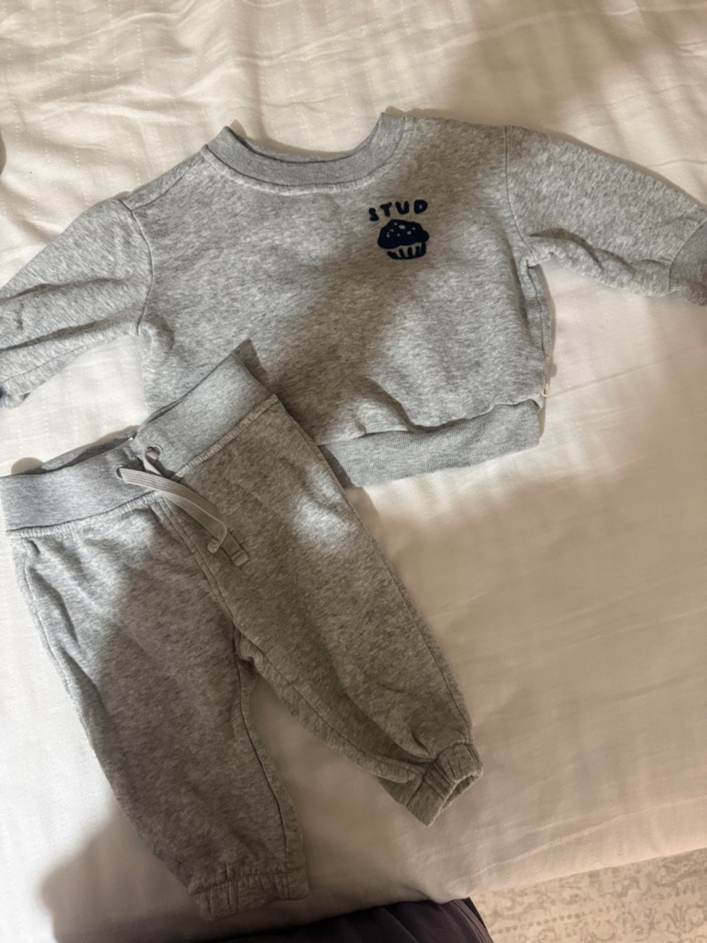 GAP Gray Sweatshirt & Joggers Set with Navy Muffin Graphic